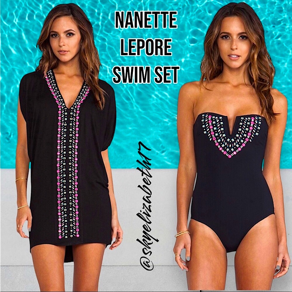 🆕 Nanette Lepore Matching ‘Grand Bazaar’ Beaded Swimsuit & Cover-up Tunic, M